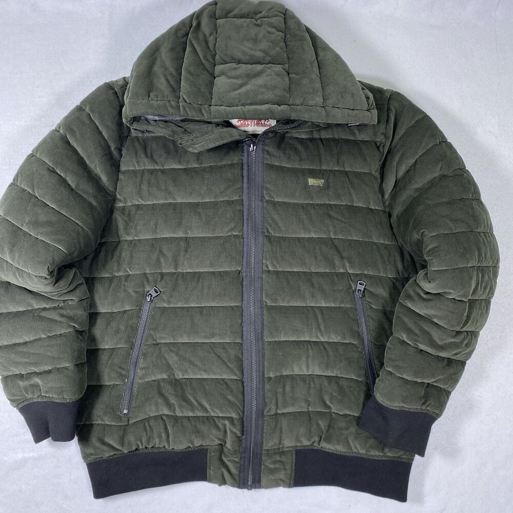 Levi's Green Corduroy Puffer Jacket Size Large Hoodie Full Zip Pockets Winter